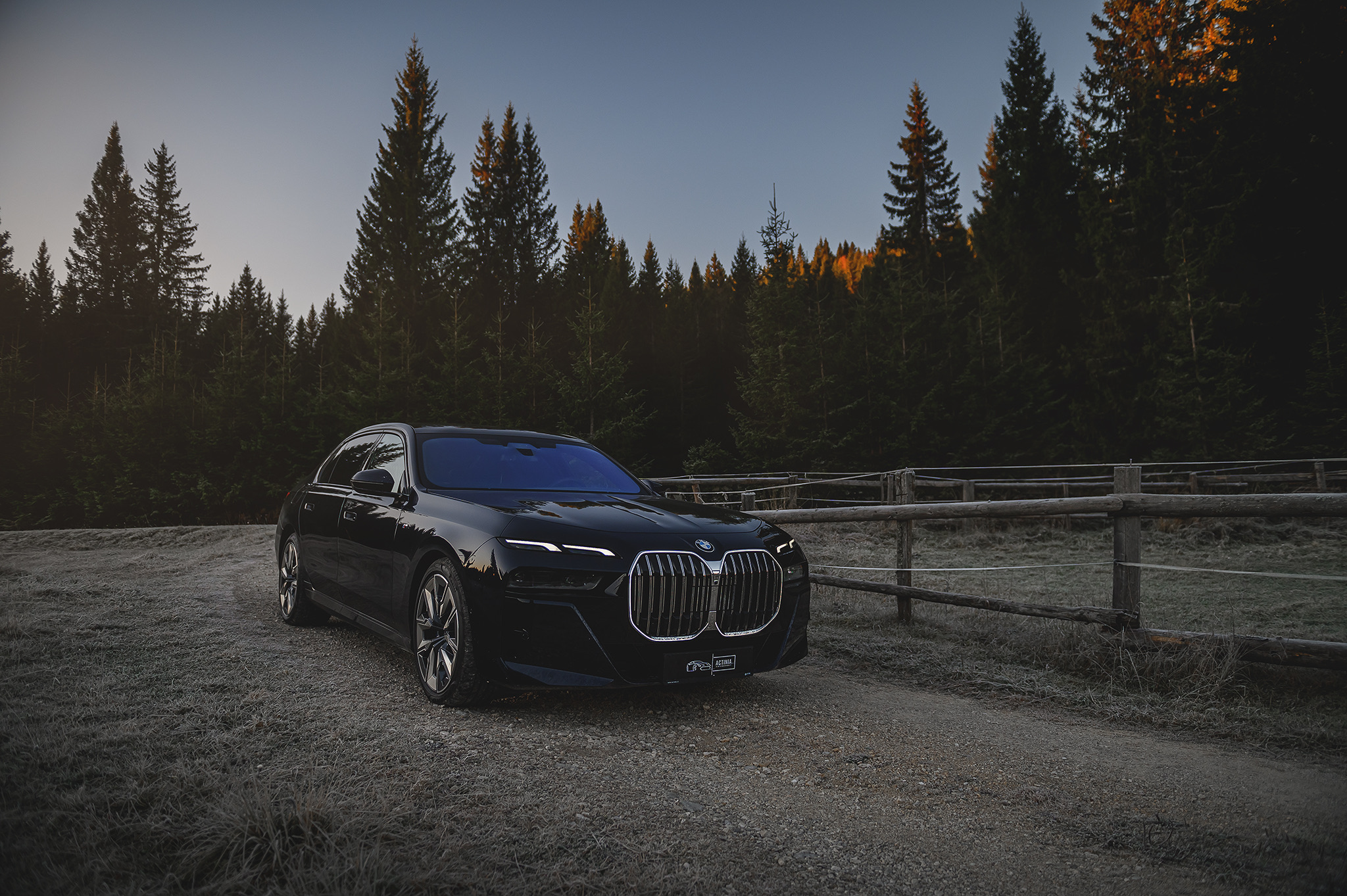 BMW 740d luxury sedan parked on a countryside road, showcasing elegant design, iconic kidney grille, and refined executive presence